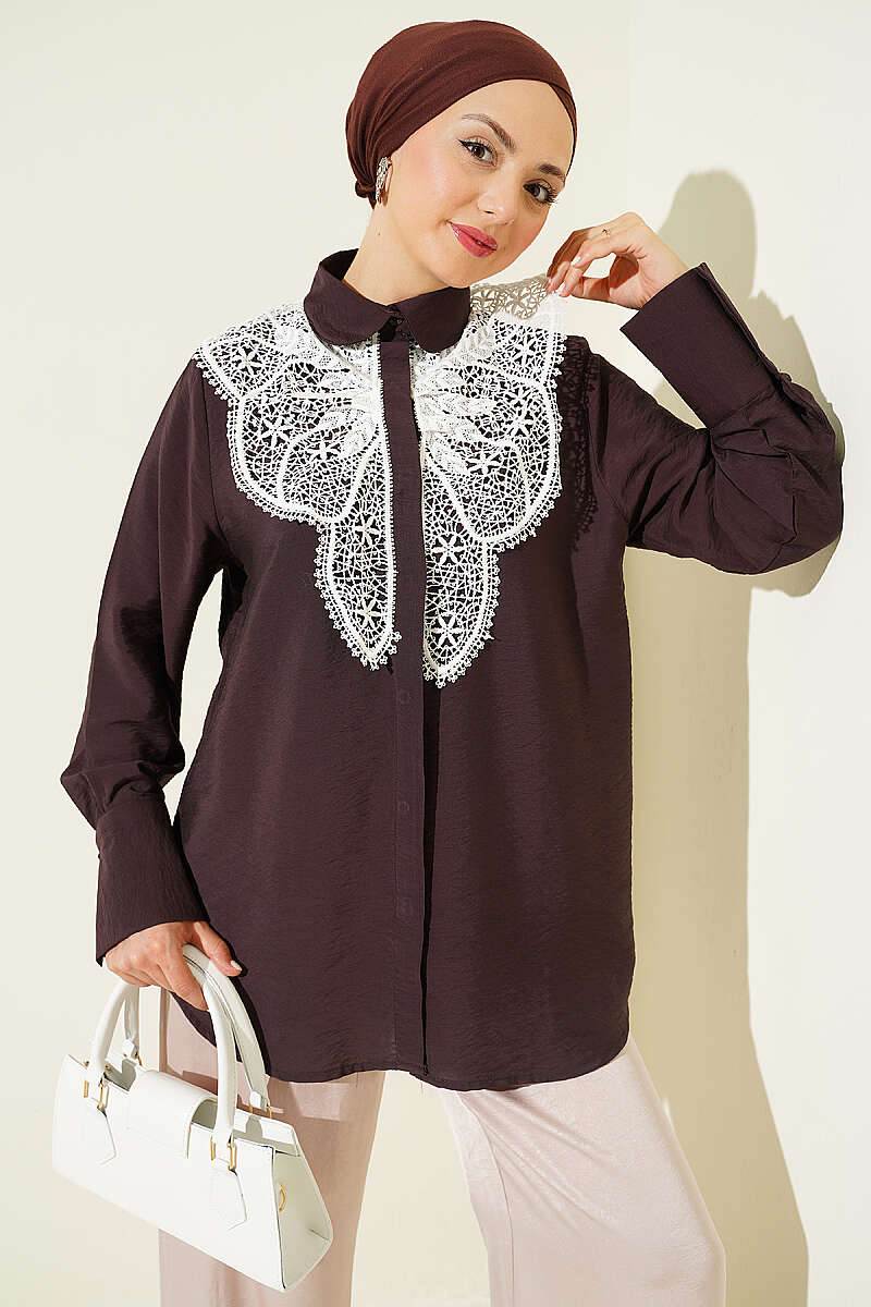 Shirt with Butterfly Lace Detail - Brown