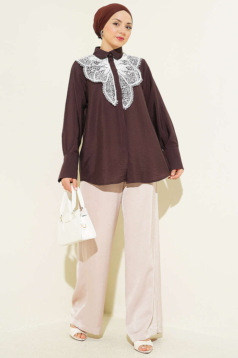 Shirt with Butterfly Lace Detail - Brown