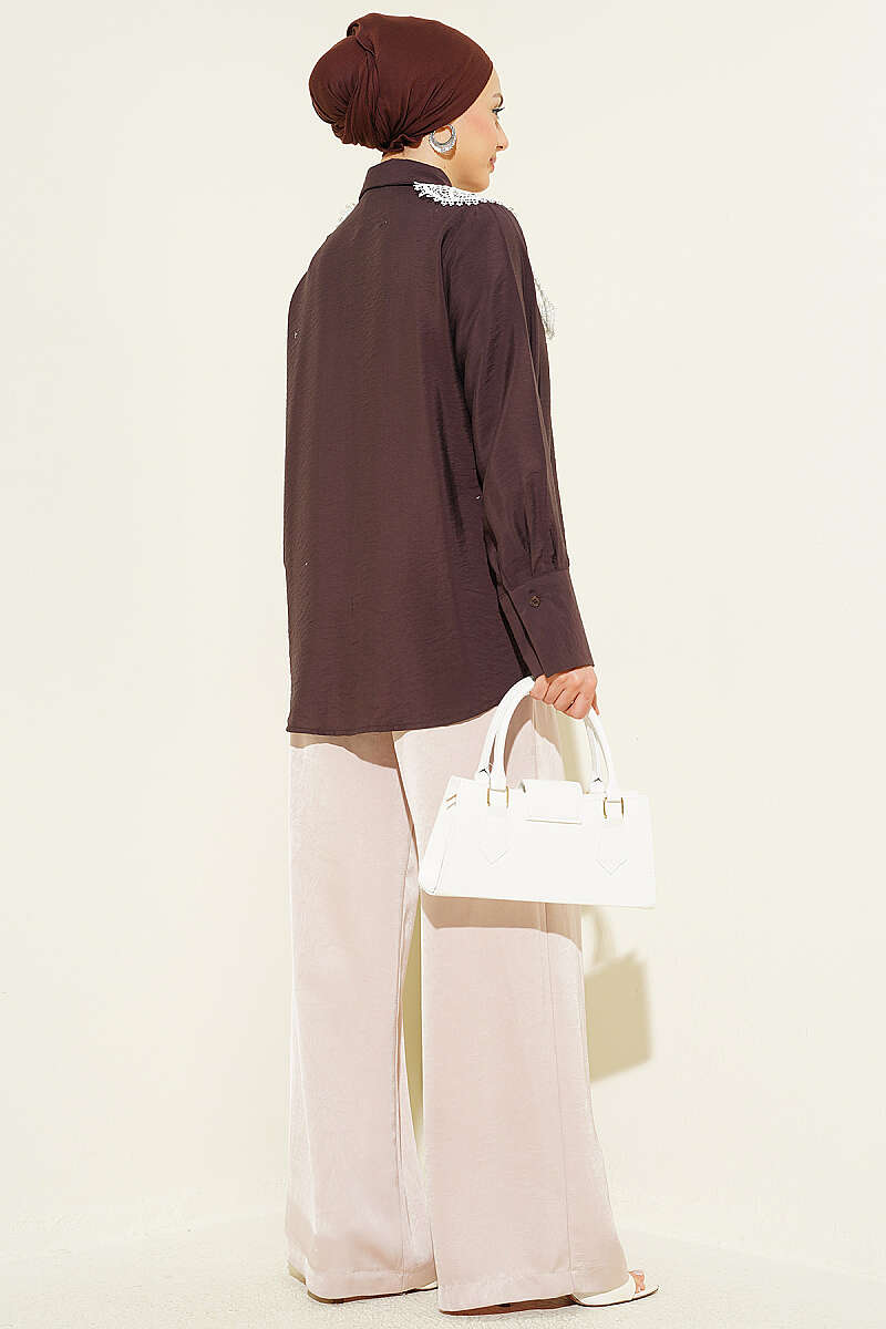 Shirt with Butterfly Lace Detail - Brown