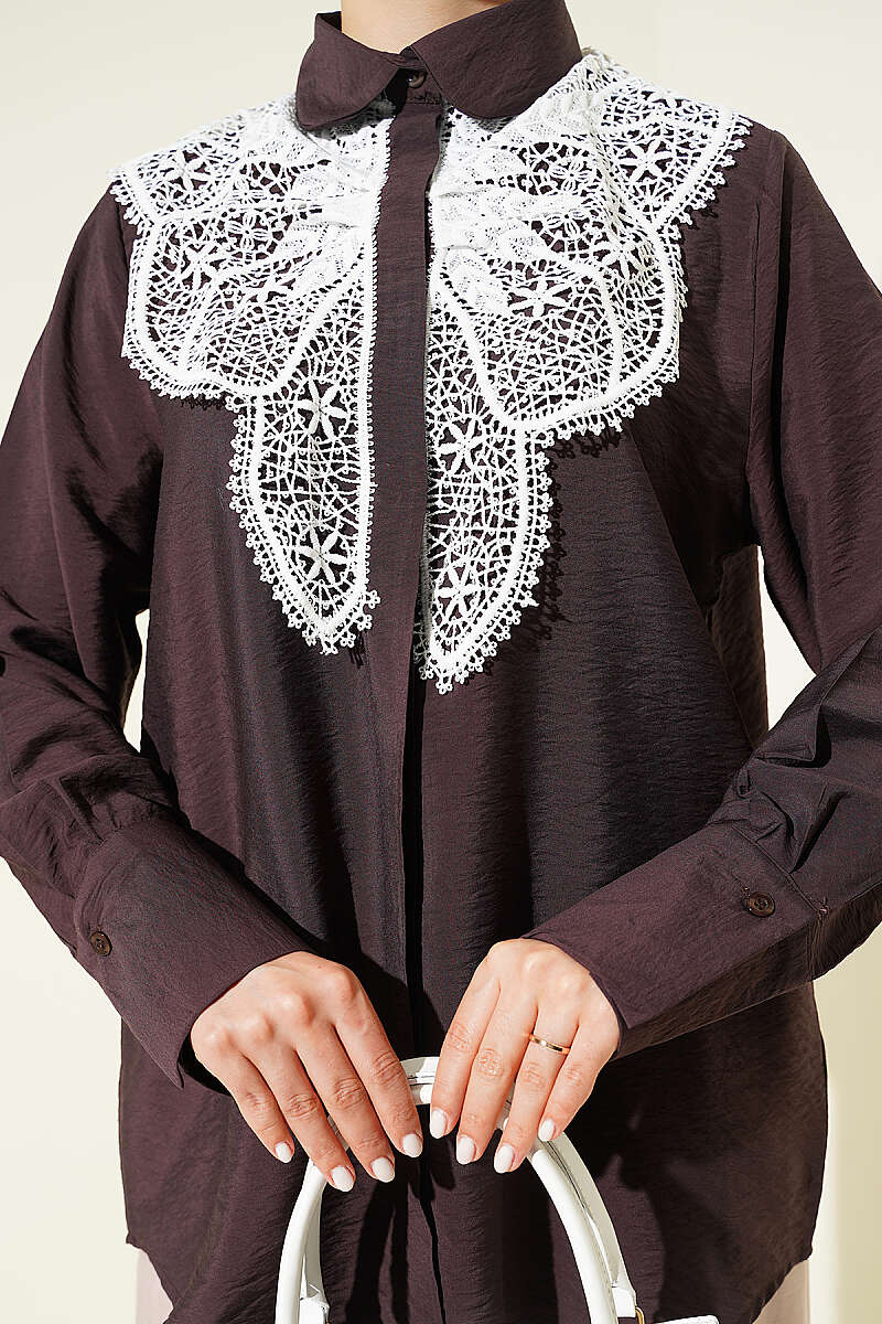 Shirt with Butterfly Lace Detail - Brown