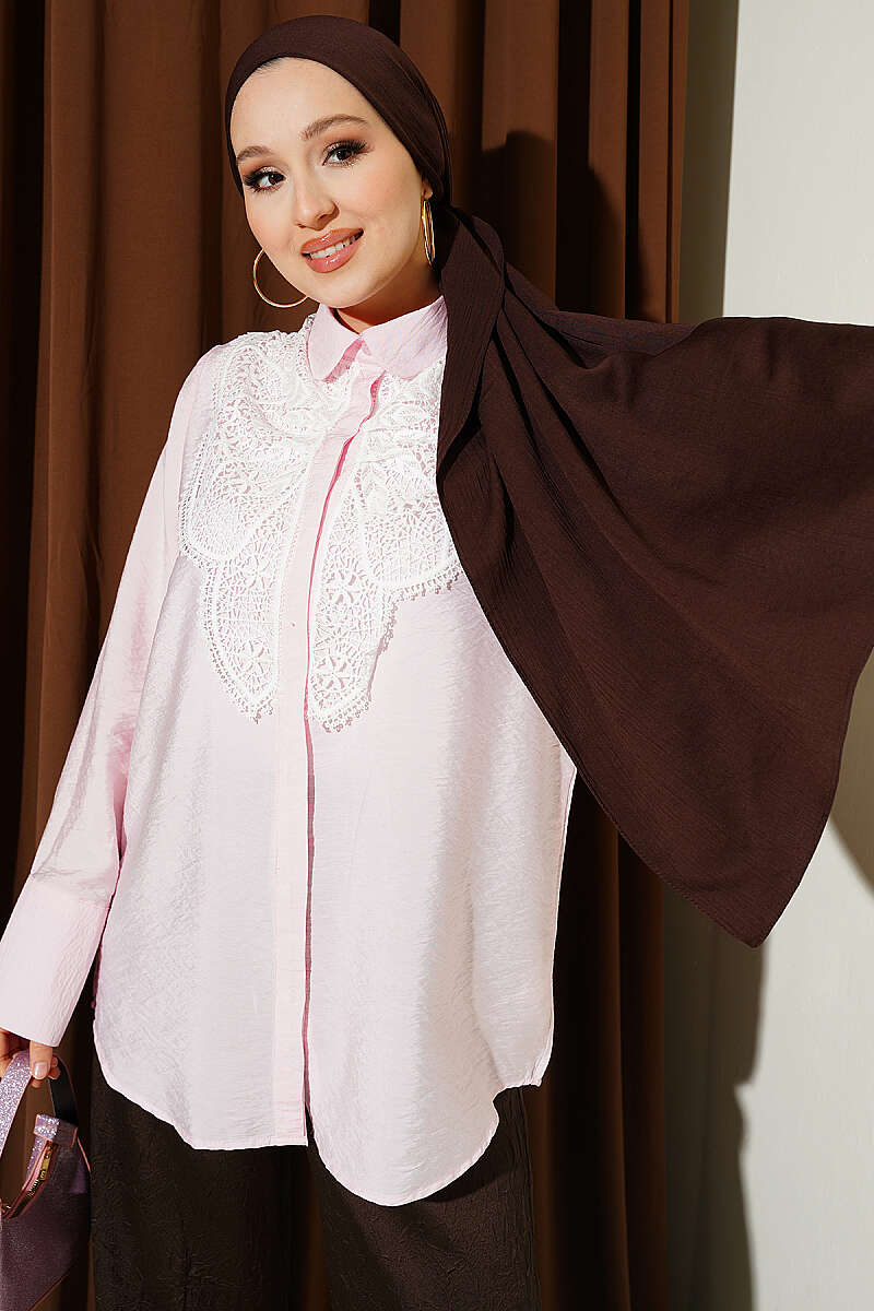 Shirt with Butterfly Lace Detail - Pink