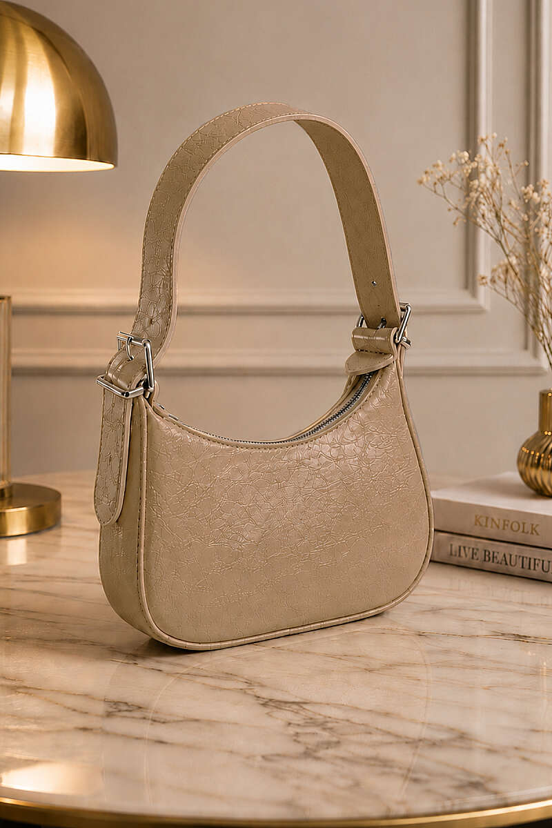 Patent Shoulder Bag with Belt Strap - Beige