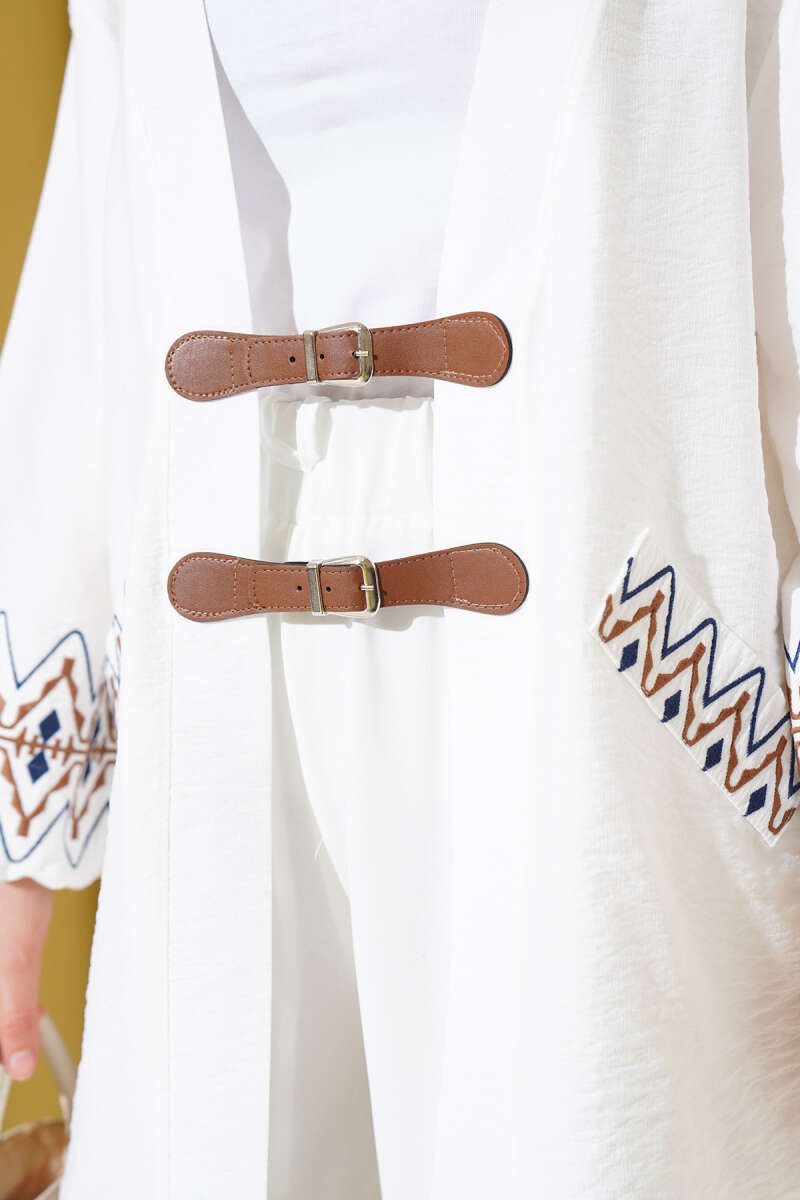 Embroidered Kimono with Tie Belt - White