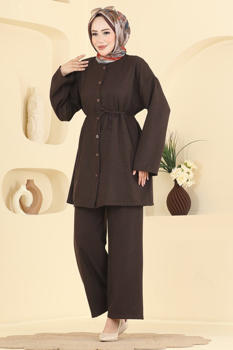 Belted Linen Two-Piece Set - Dark Brown