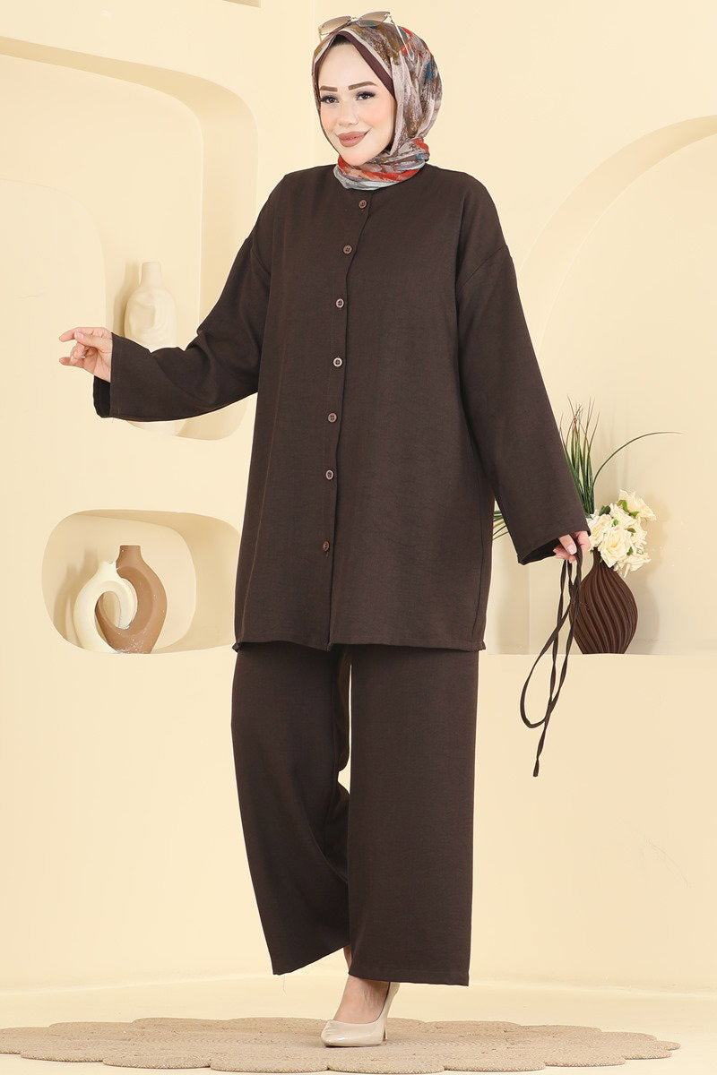 Belted Linen Two-Piece Set - Dark Brown