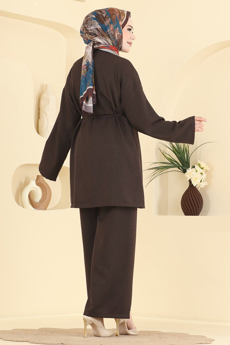 Belted Linen Two-Piece Set - Dark Brown