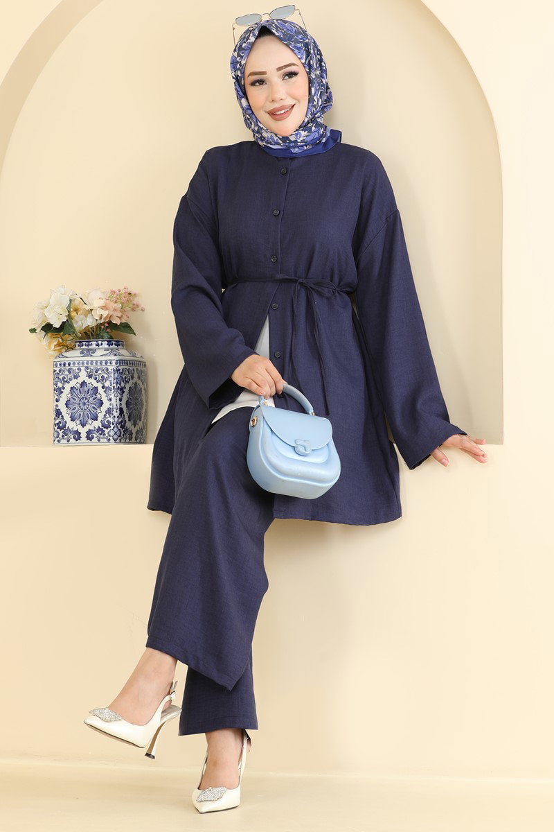 Belted Linen Two-Piece Set - Navy
