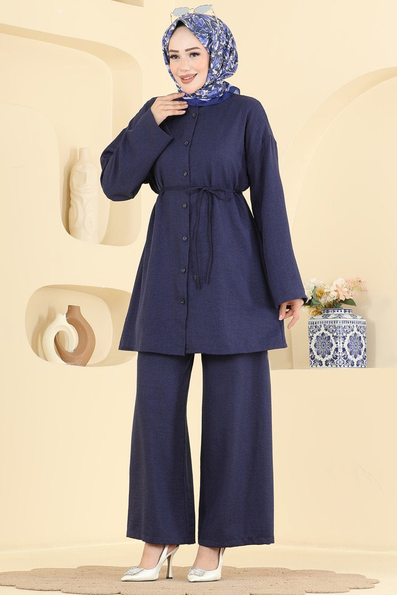 Belted Linen Two-Piece Set - Navy