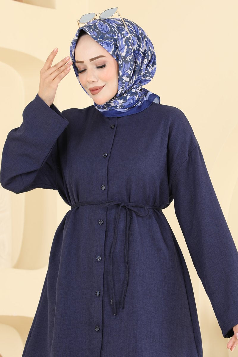 Belted Linen Two-Piece Set - Navy