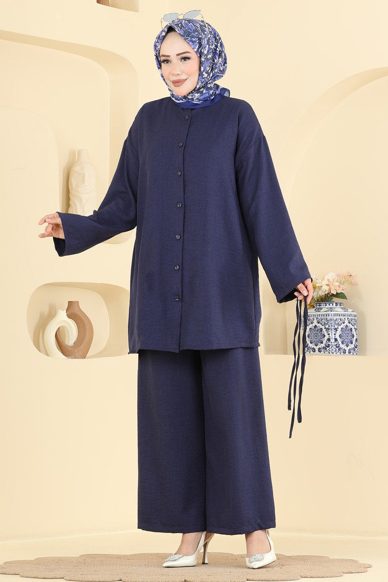 Belted Linen Two-Piece Set - Navy