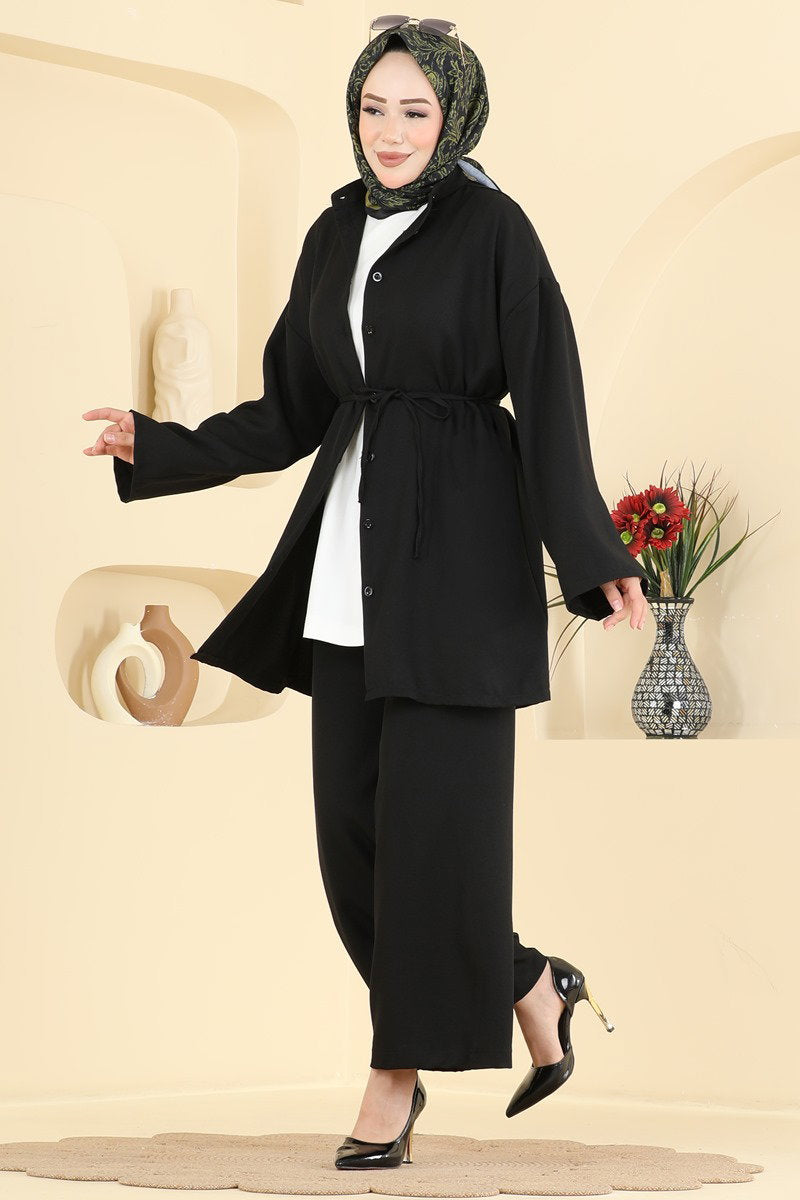 Belted Linen Two-Piece Set - Black