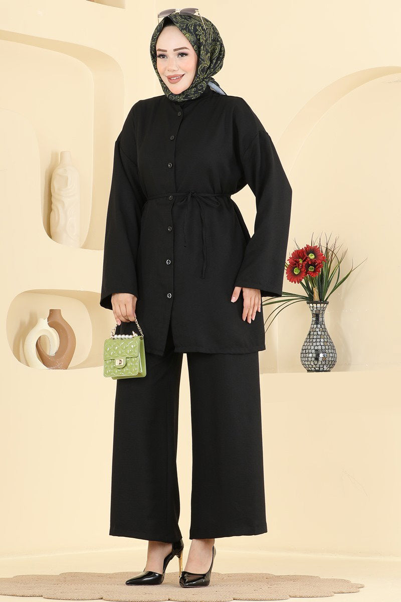 Belted Linen Two-Piece Set - Black