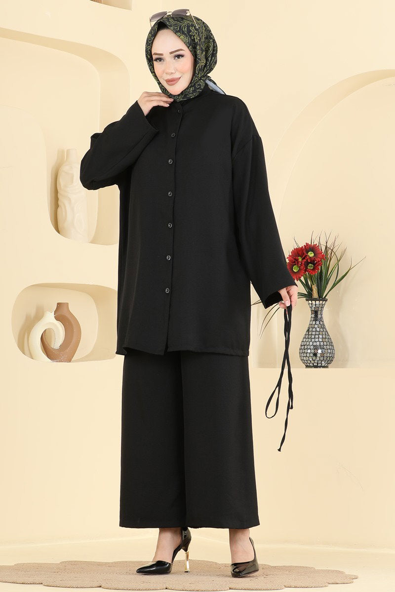 Belted Linen Two-Piece Set - Black