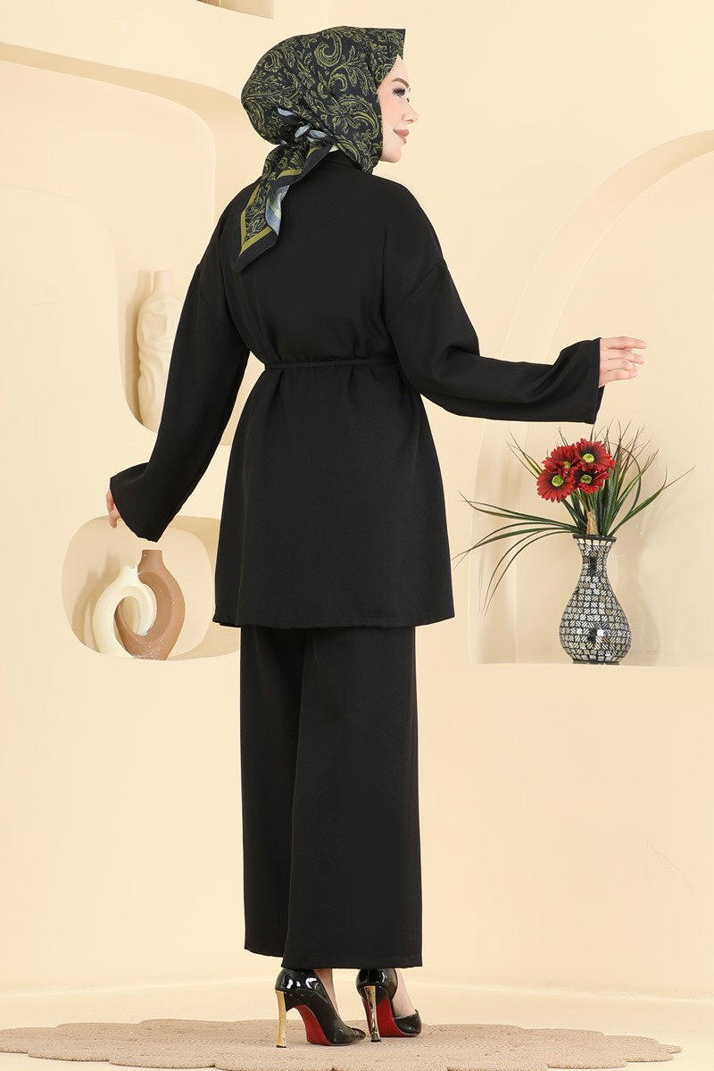 Belted Linen Two-Piece Set - Black