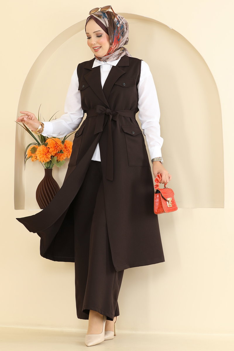 Belted Double Knit Three-Piece Set - Dark Brown
