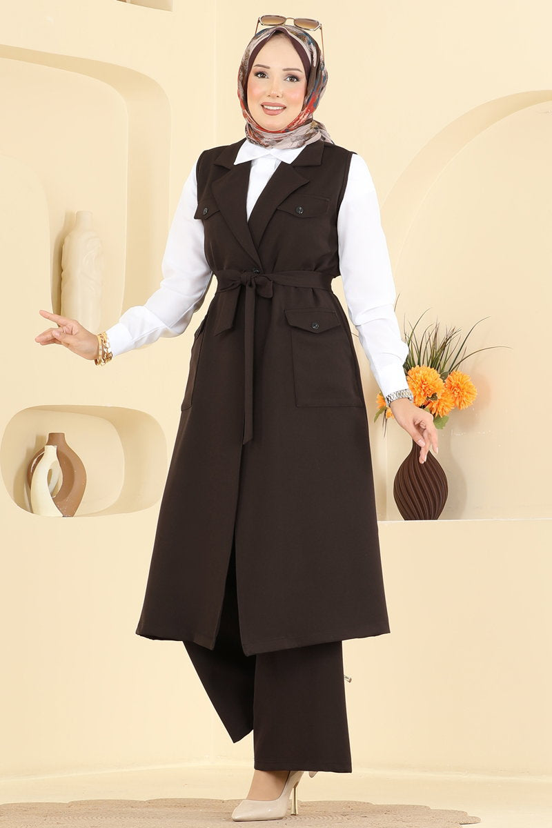 Belted Double Knit Three-Piece Set - Dark Brown