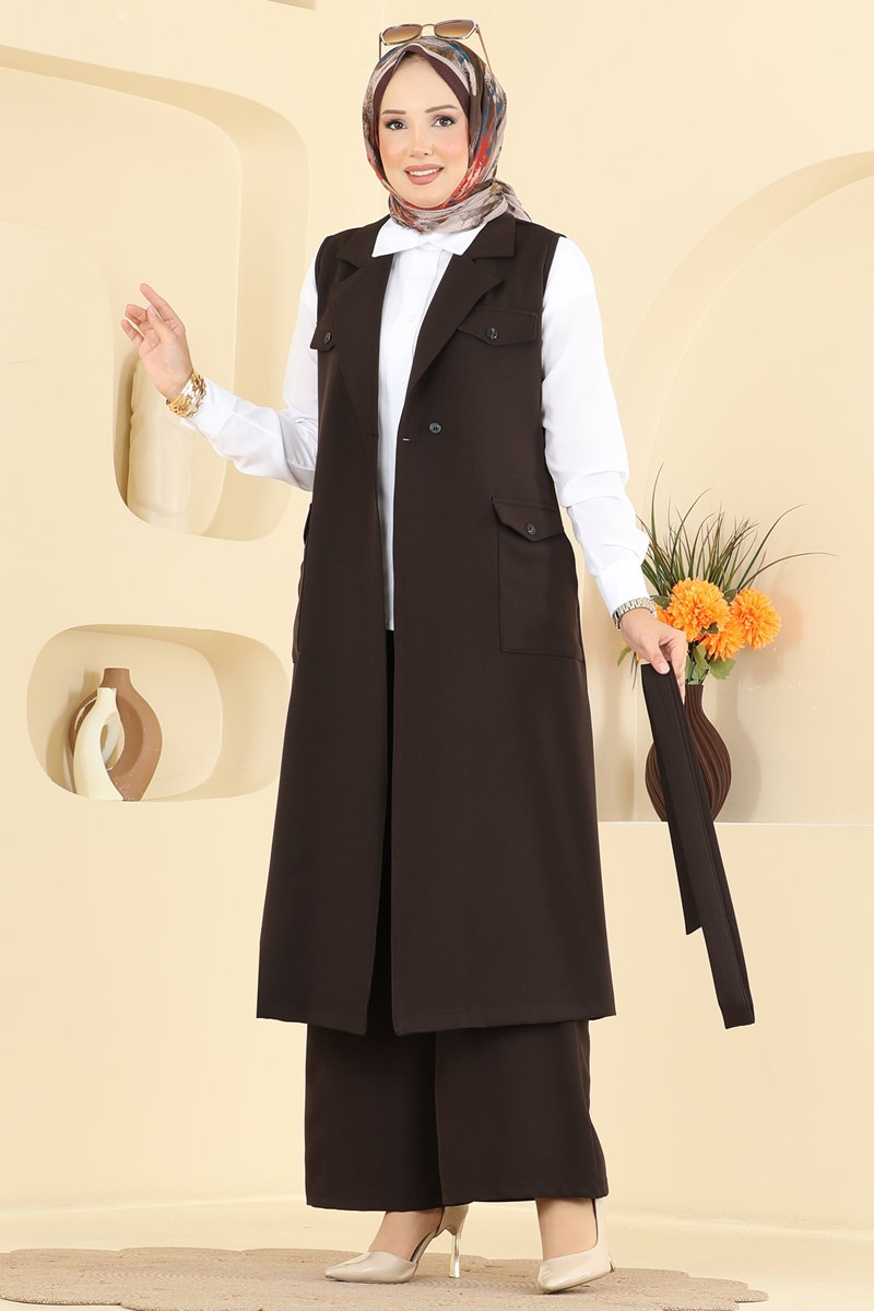 Belted Double Knit Three-Piece Set - Dark Brown