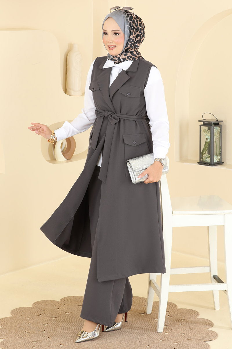 Belted Double Knit Three-Piece Set - Charcoal