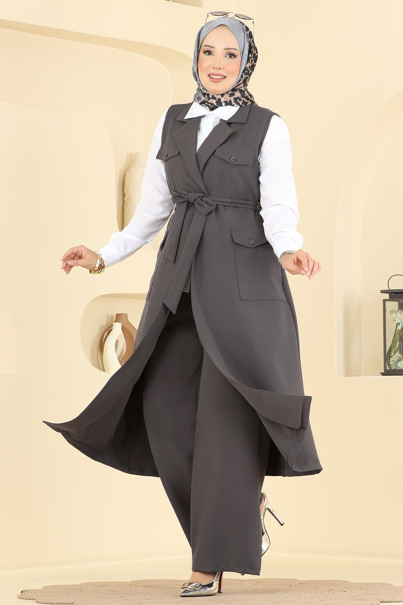 Belted Double Knit Three-Piece Set - Charcoal