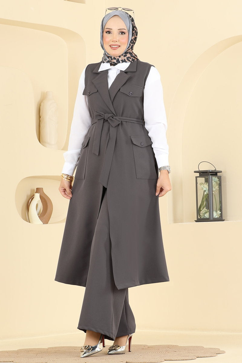 Belted Double Knit Three-Piece Set - Charcoal