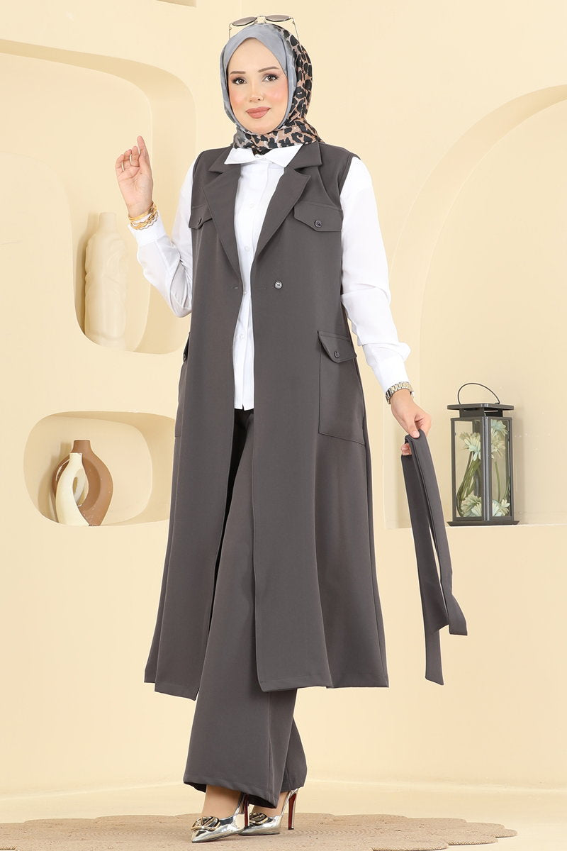 Belted Double Knit Three-Piece Set - Charcoal