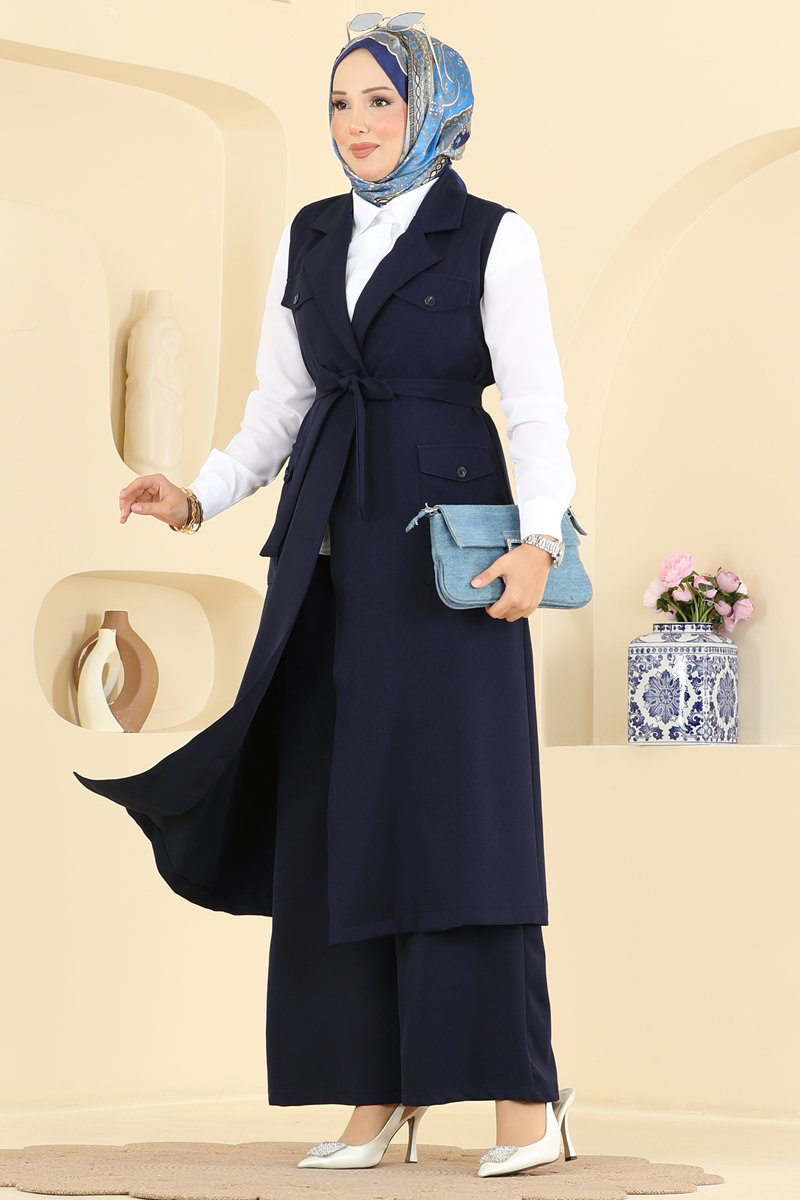 Belted Double Knit Three-Piece Set - Navy