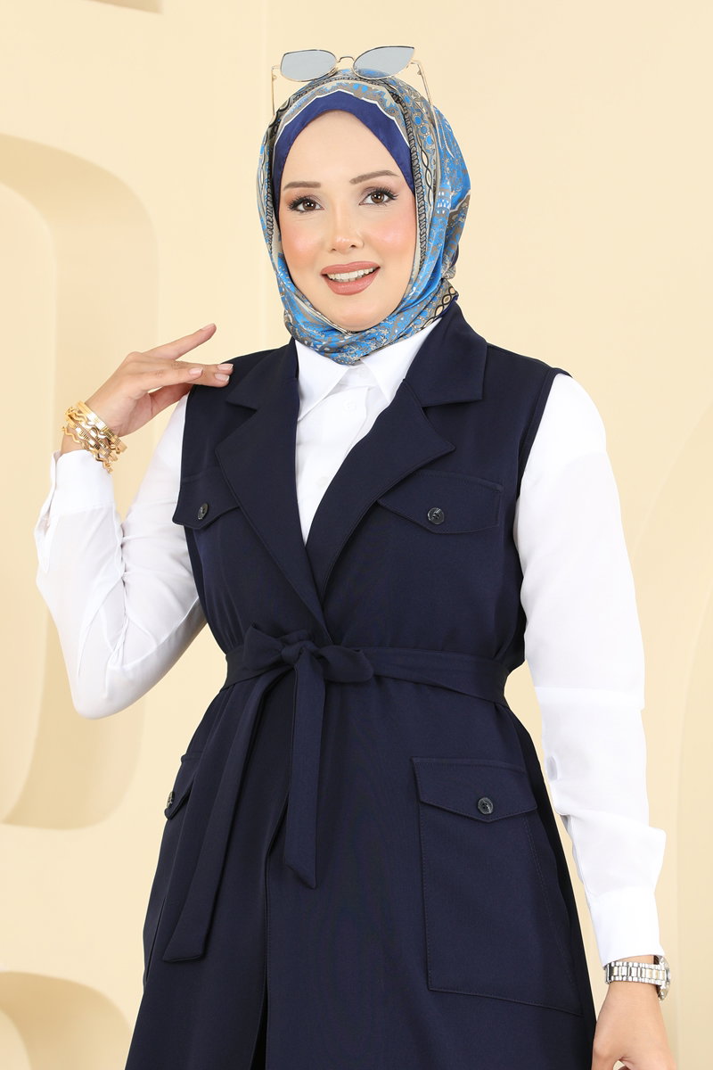 Belted Double Knit Three-Piece Set - Navy