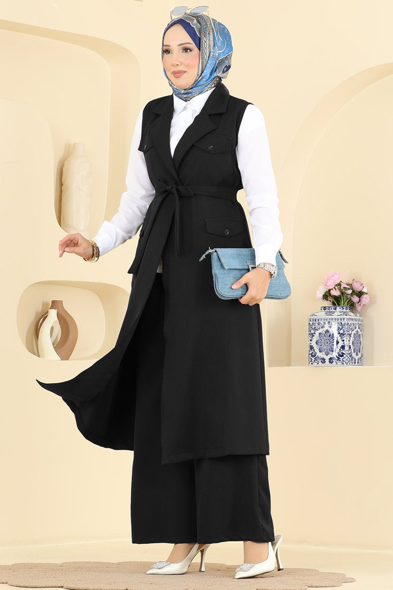 Belted Double Knit Three-Piece Set - Black