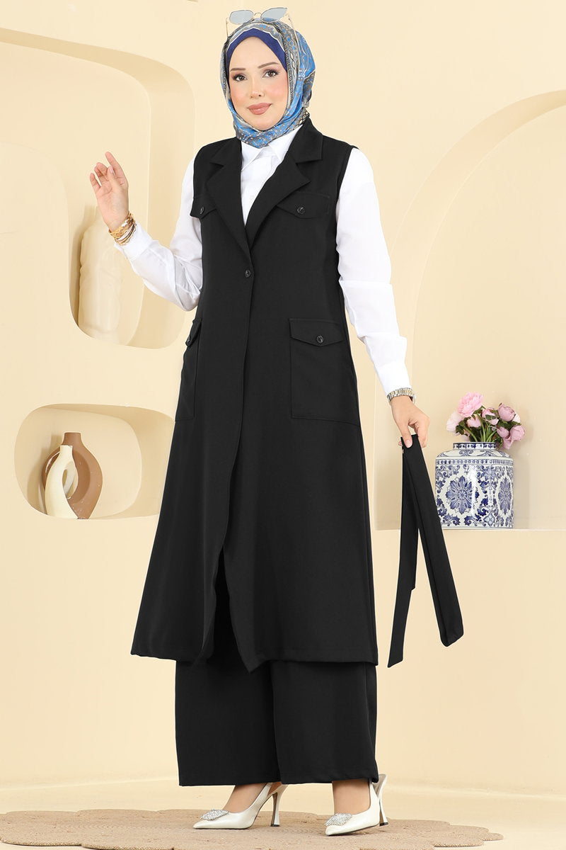 Belted Double Knit Three-Piece Set - Black