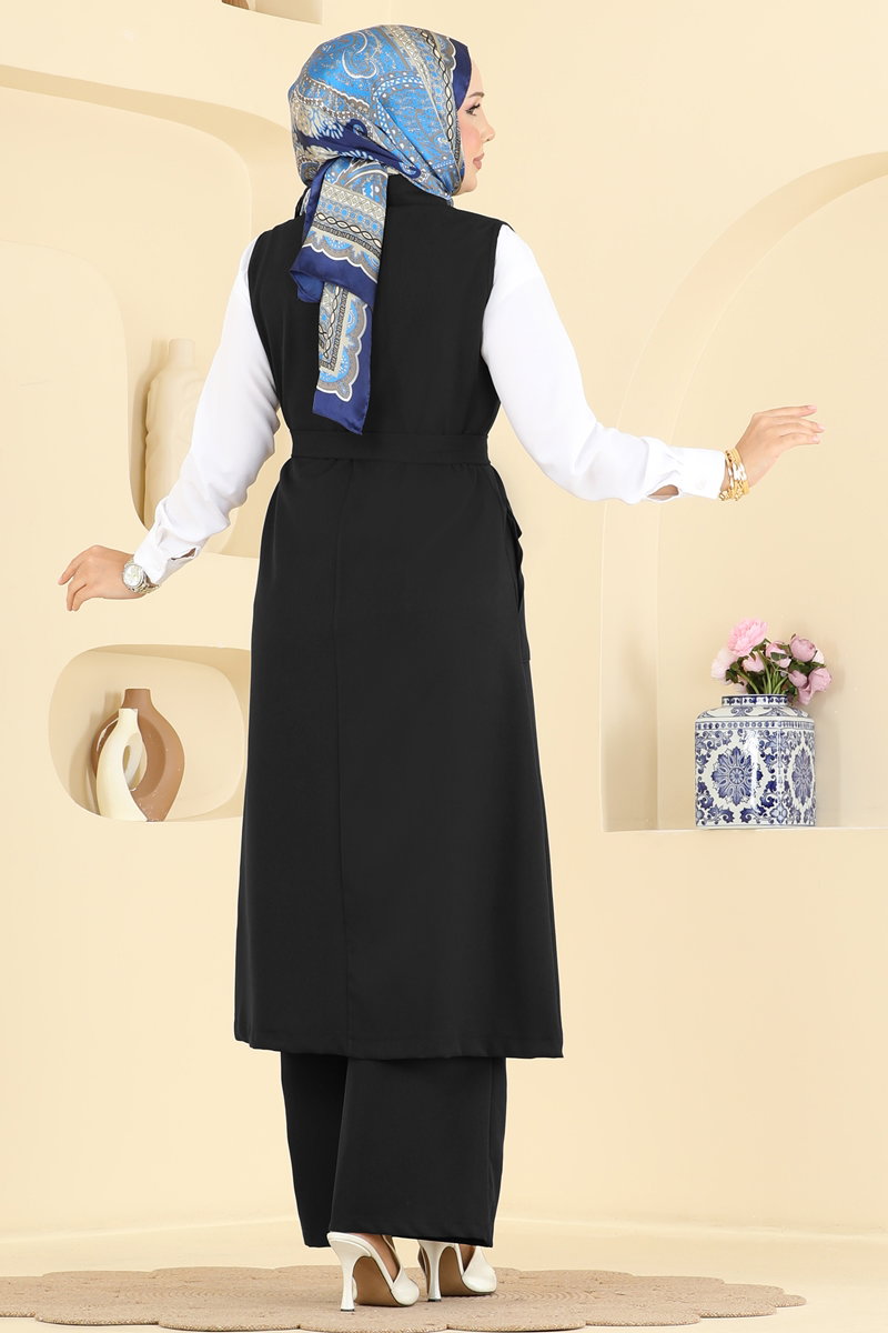 Belted Double Knit Three-Piece Set - Black