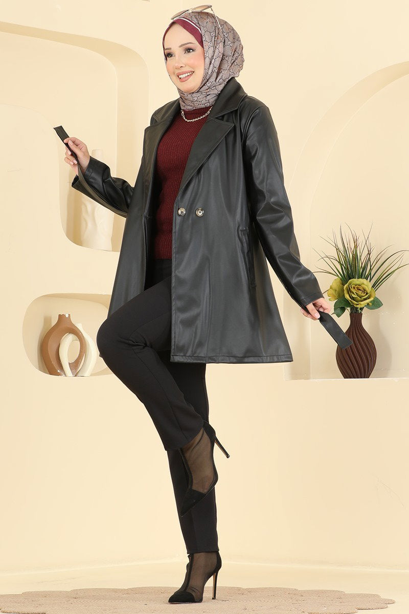 Belted Faux Leather Trench Coat - Black