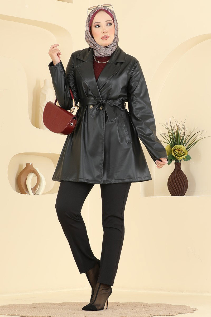 Belted Faux Leather Trench Coat - Black