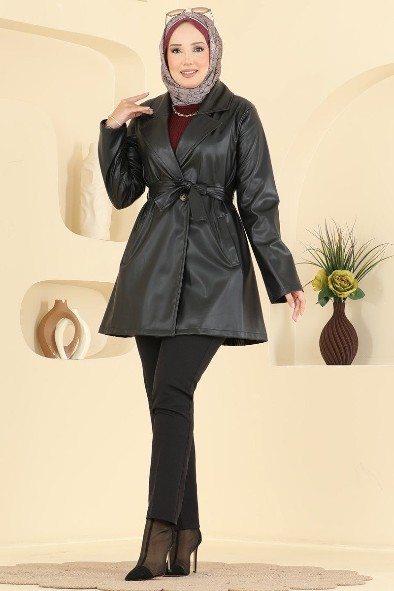 Belted Faux Leather Trench Coat - Black