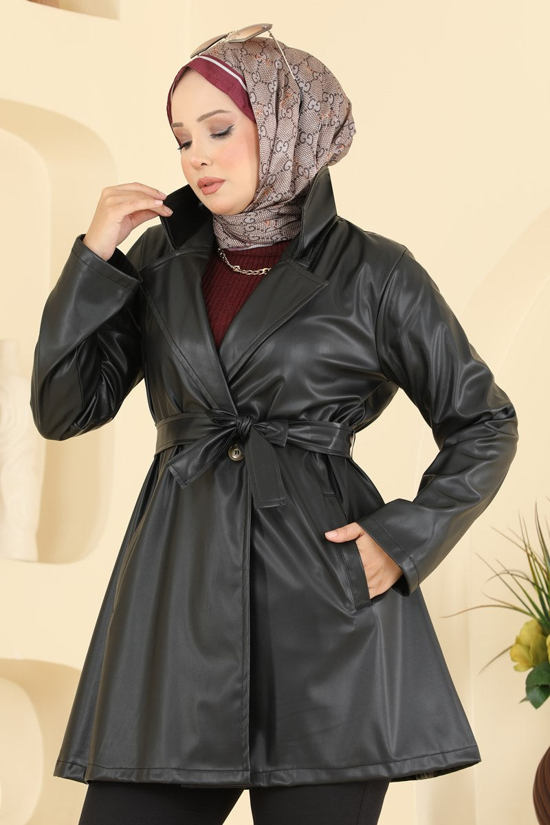 Belted Faux Leather Trench Coat - Black