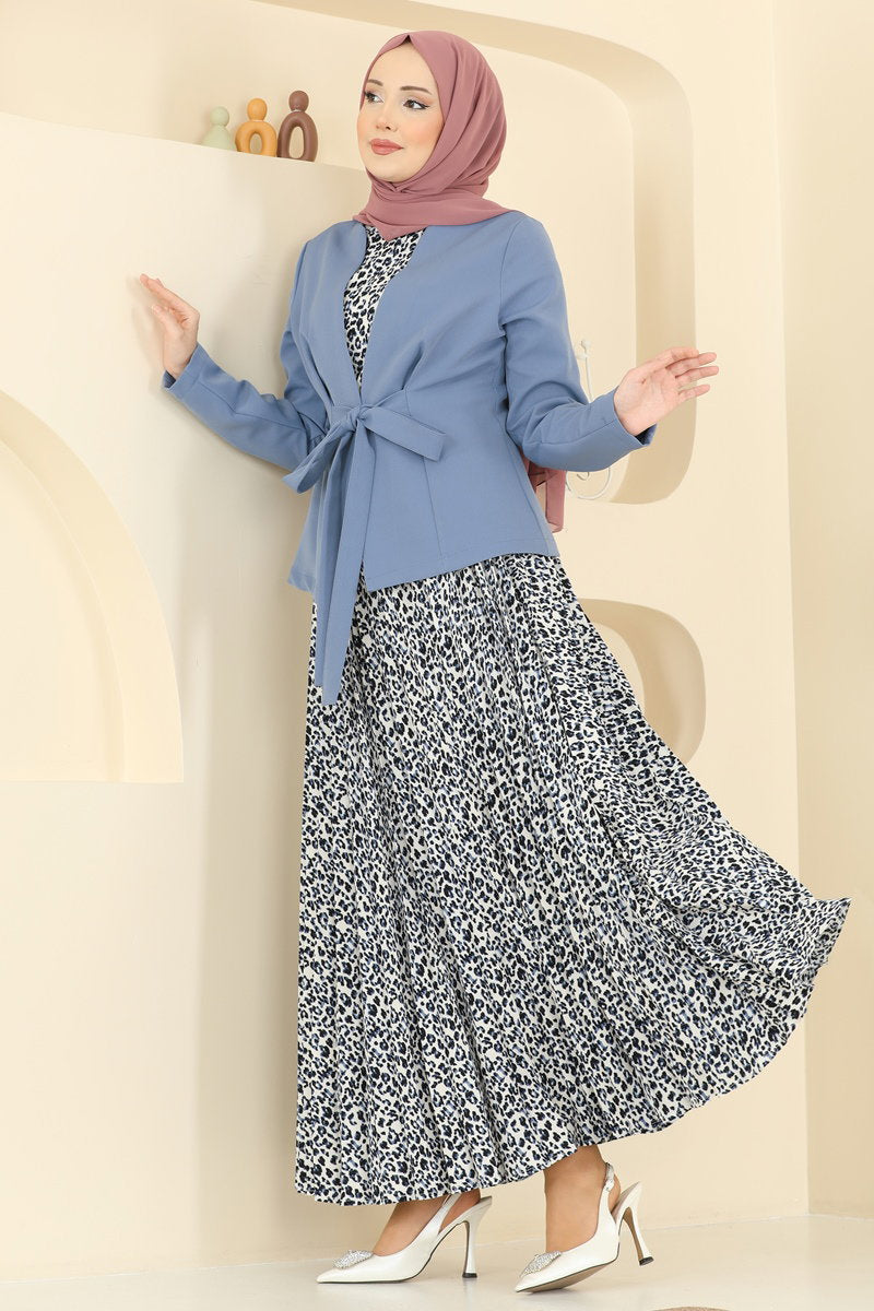 Belted Patterned Double Knit Set - Blue