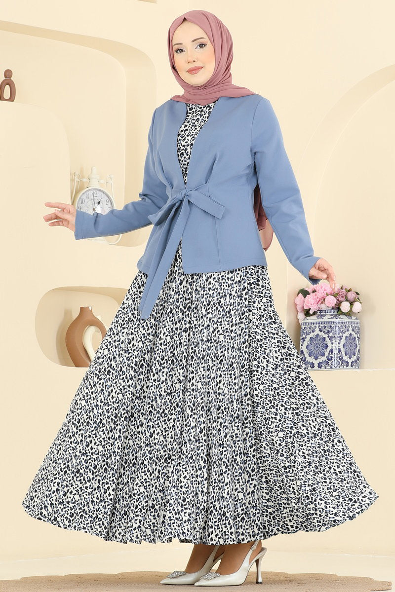 Belted Patterned Double Knit Set - Blue