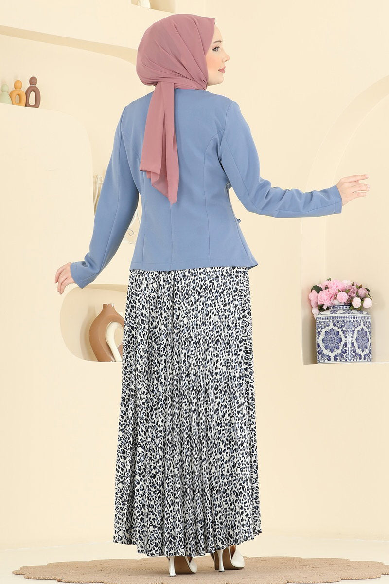 Belted Patterned Double Knit Set - Blue
