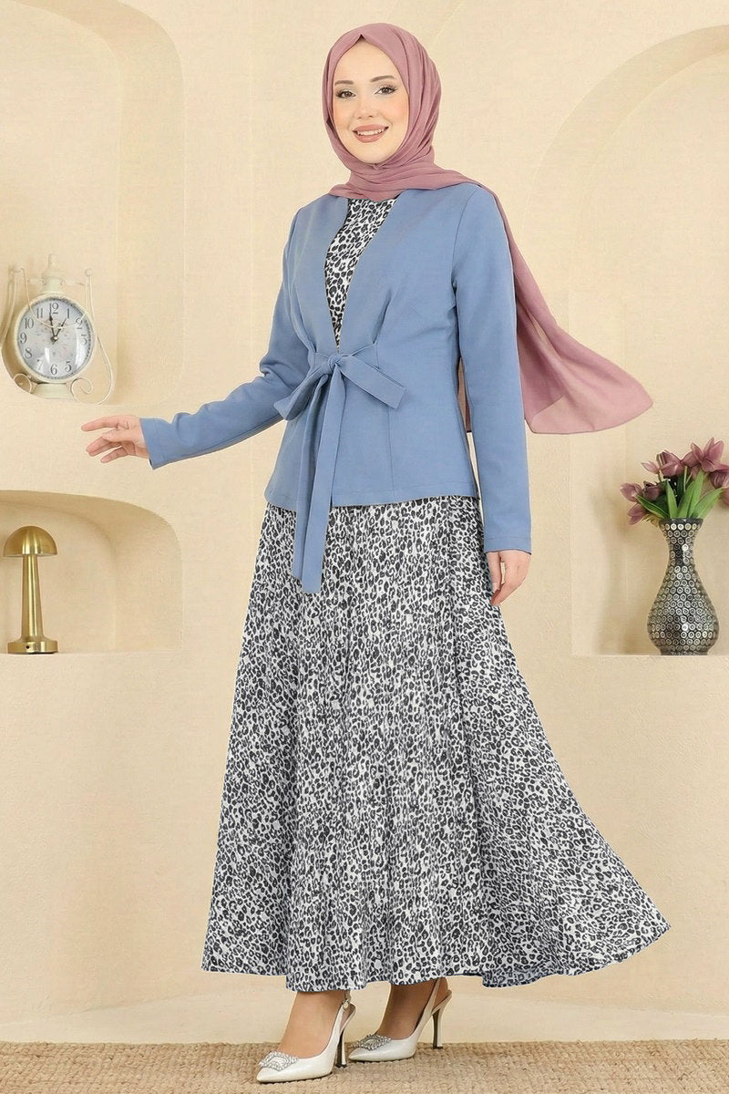Belted Patterned Double Knit Set - Blue