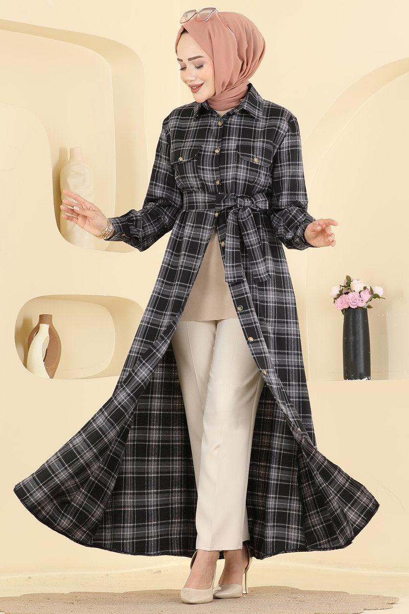 Belted Plaid Dress - Black