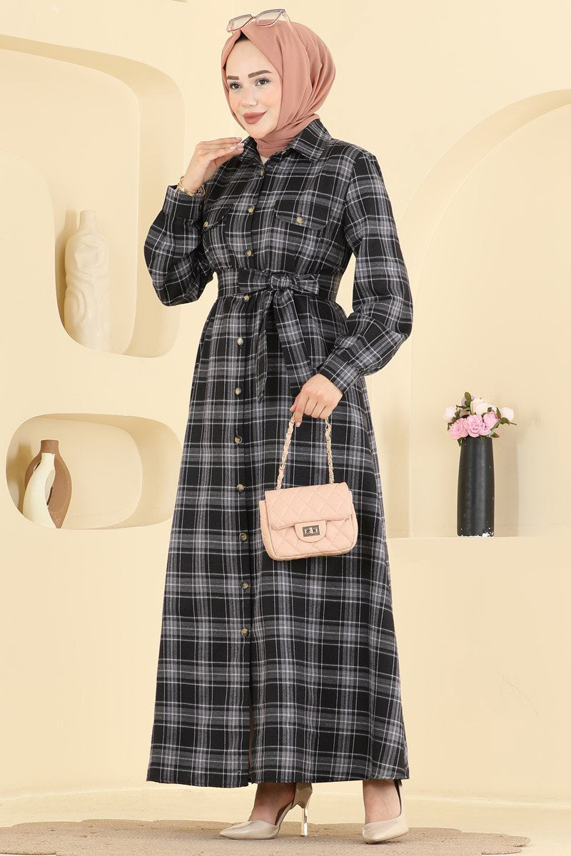 Belted Plaid Dress - Black