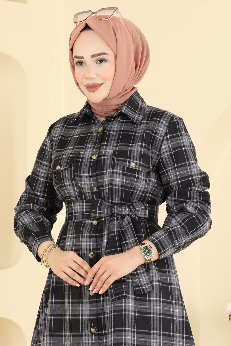 Belted Plaid Dress - Black
