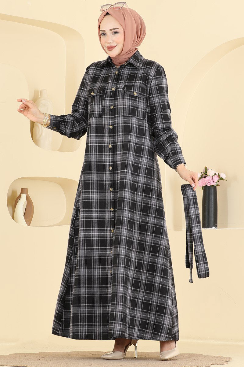 Belted Plaid Dress - Black