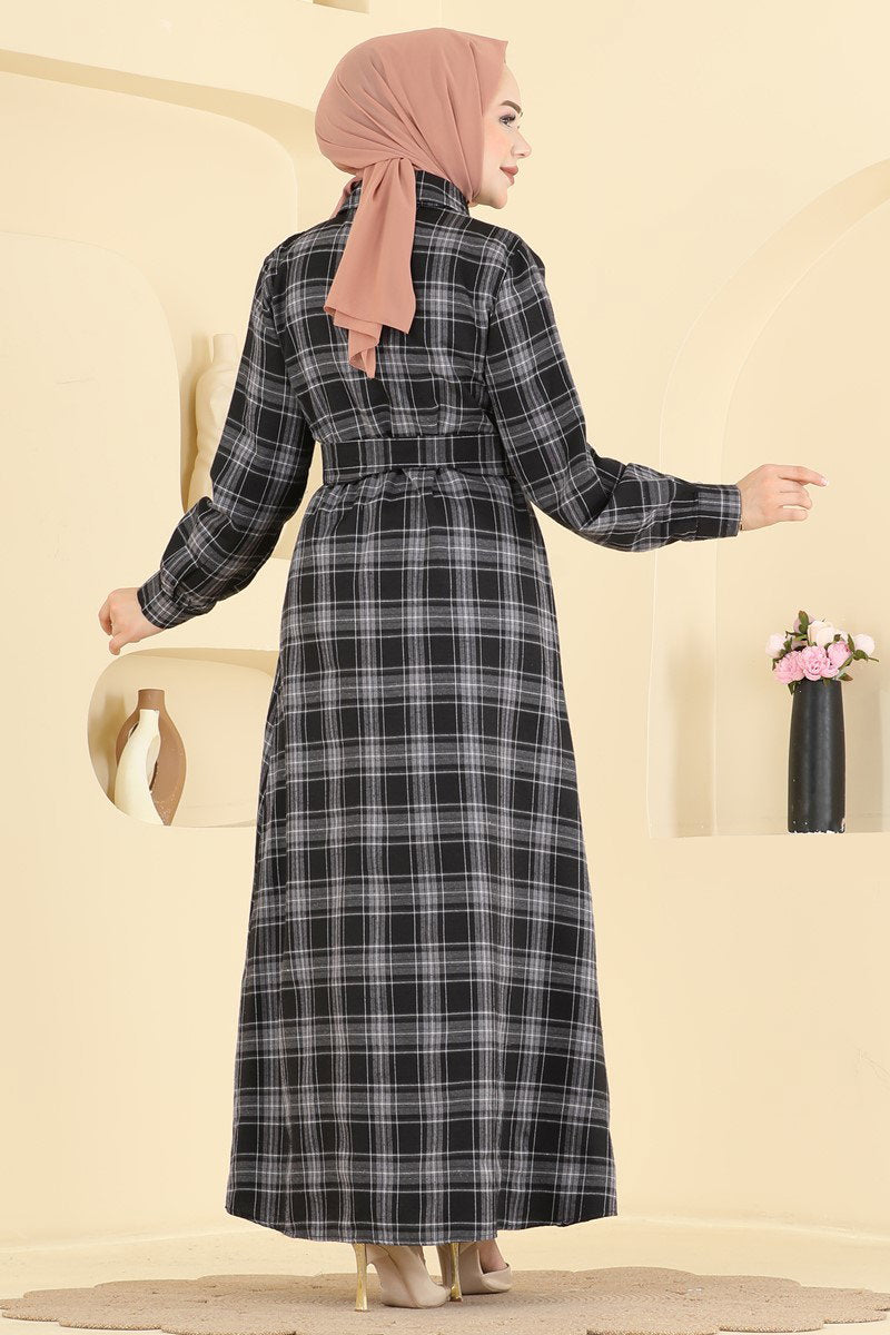 Belted Plaid Dress - Black
