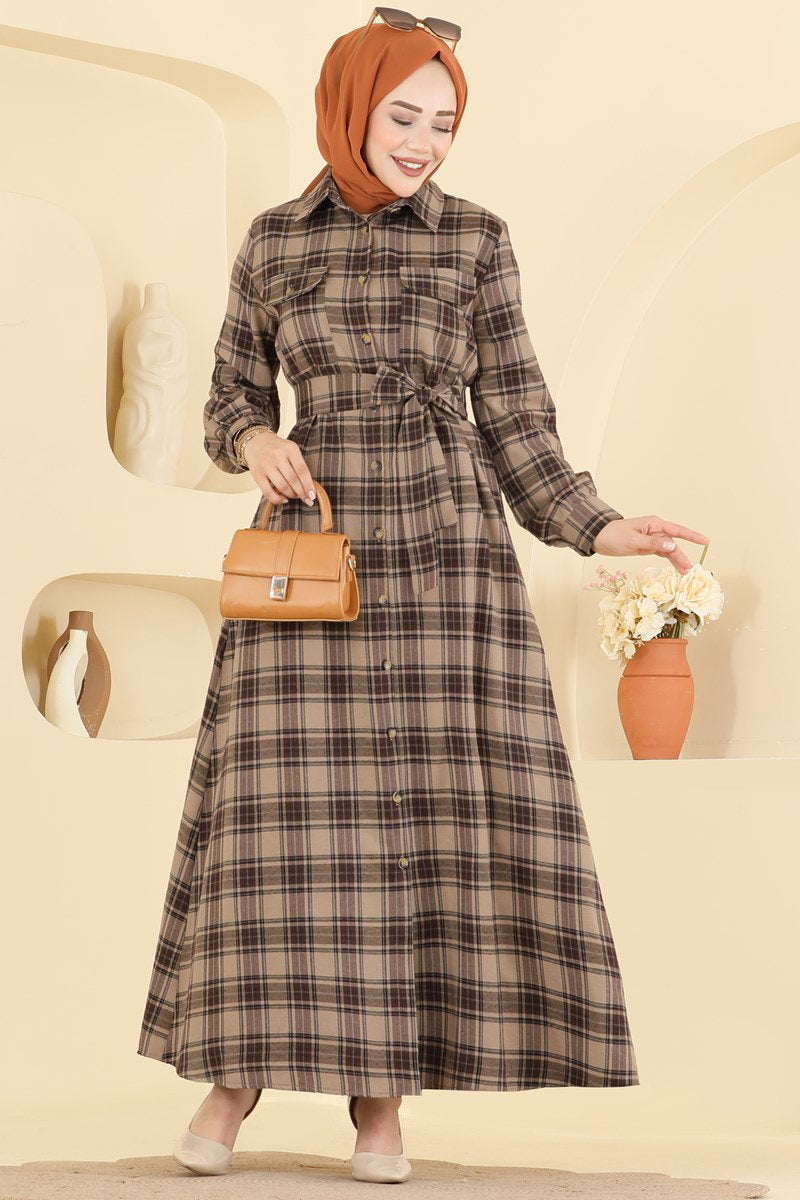 Belted Plaid Dress - Mink