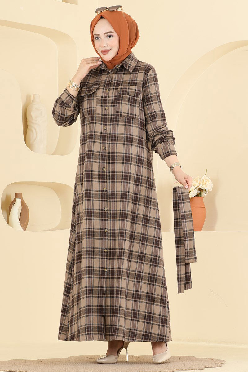 Belted Plaid Dress - Mink