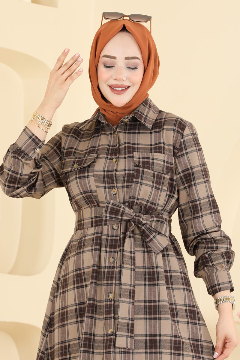 Belted Plaid Dress - Mink
