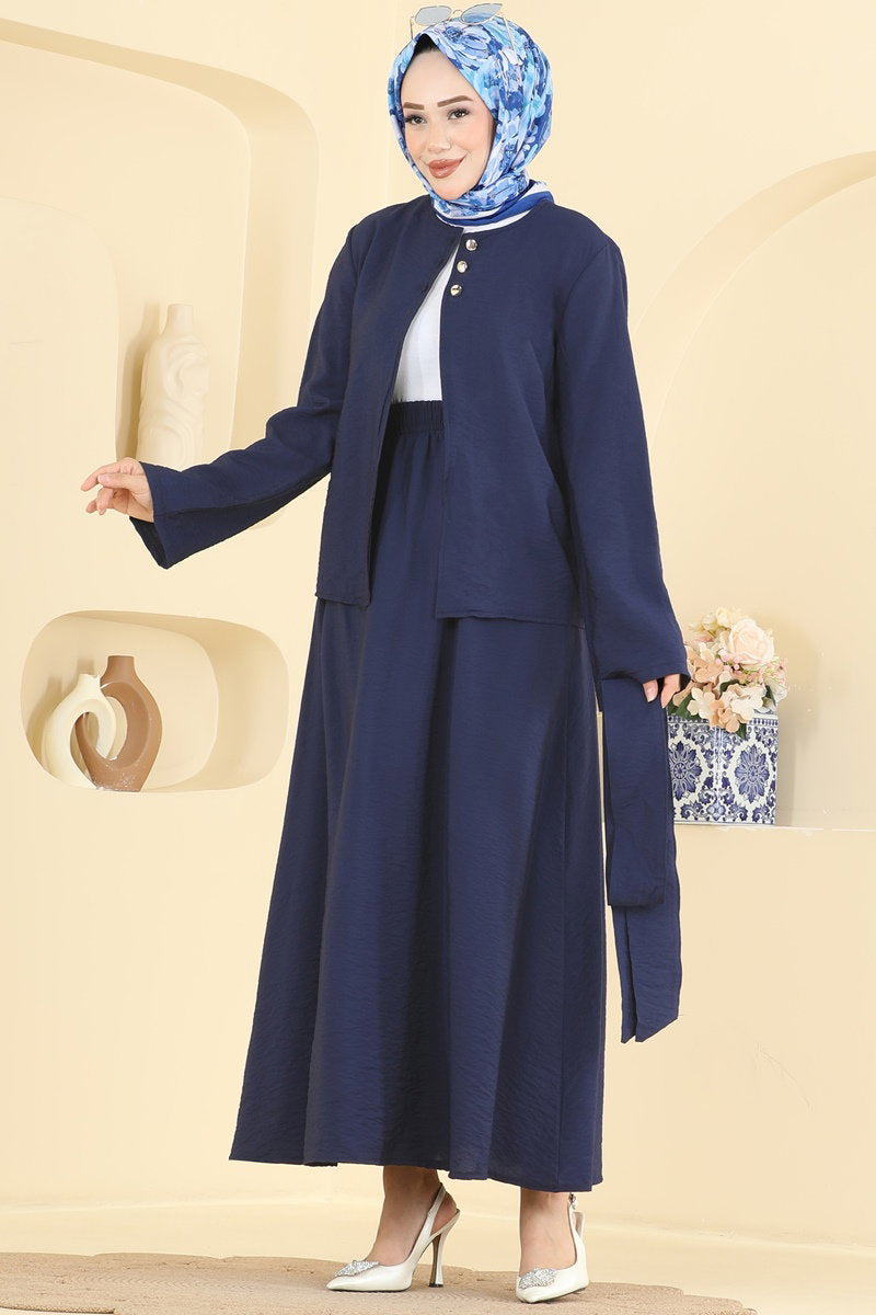 Belted Modal Skirt Set - Navy