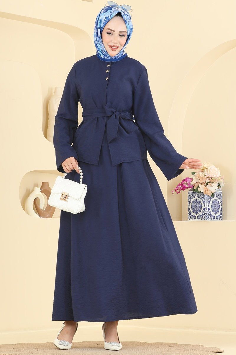 Belted Modal Skirt Set - Navy