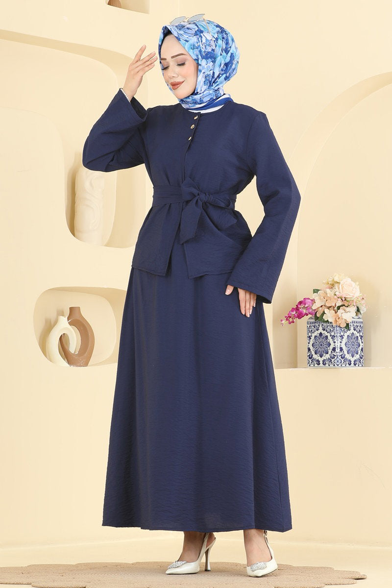 Belted Modal Skirt Set - Navy