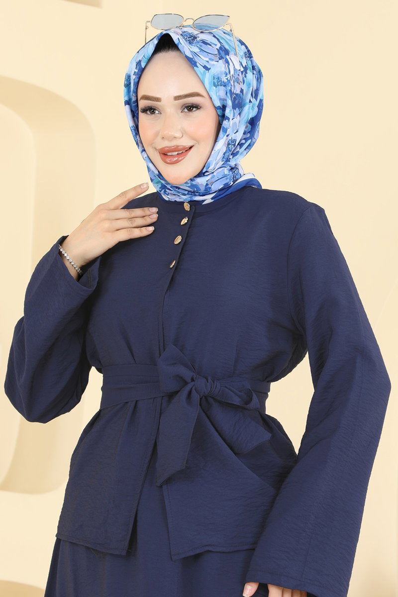 Belted Modal Skirt Set - Navy